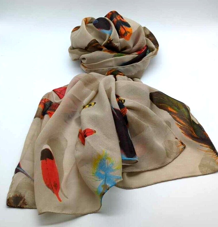 2 Chic Long Fall Colored Feather Pattern Beige Sc… - image 1