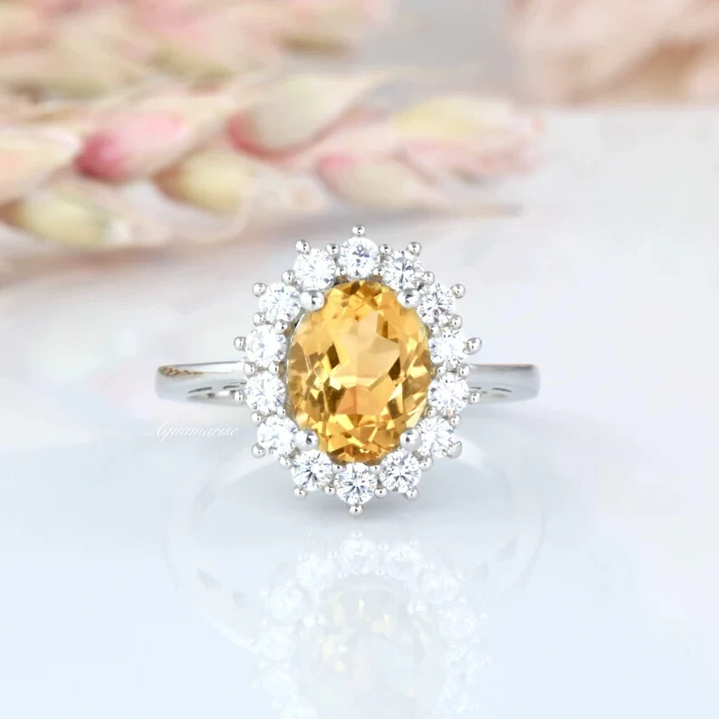 Natural Yellow Citrine & CZ Oval Engagement Ring in Sterling Silver