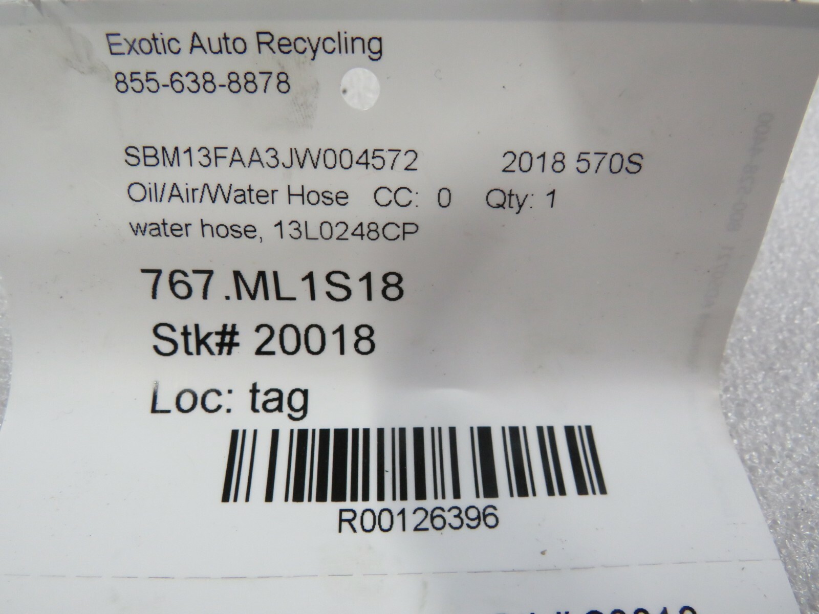 McLaren 570S, Water Hose, Used, P/N 13L0248CP