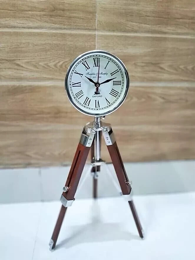 Antique Nautical Tripod Stand Clock Steel Finish Table Clock Vintage Style Wood
