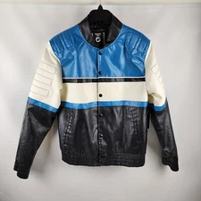 Fried Denim Jacket Mens M Multicolor Faux Leather Moto Biker Snaps NWT