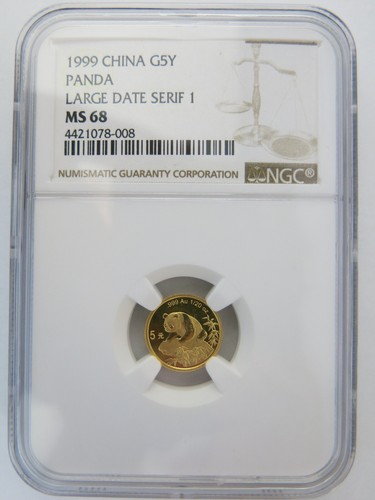 1999 1/20 oz China gold panda NGC MS68 large date serif 5 yuan chinese coin