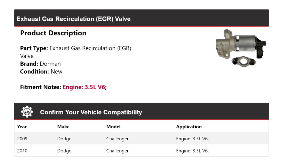 Клапан рециркуляции отработавших газов для Dodge Challenger 3,5 л V6 Dorman 2009-2010 годов выпуска - Изображение 2 из 4