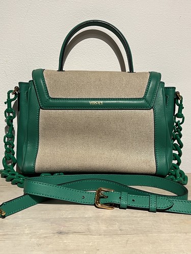Versace La Medusa Green Leather Top Handle Canvas Satchel Tote Crossbody Purse - Picture 9 of 9