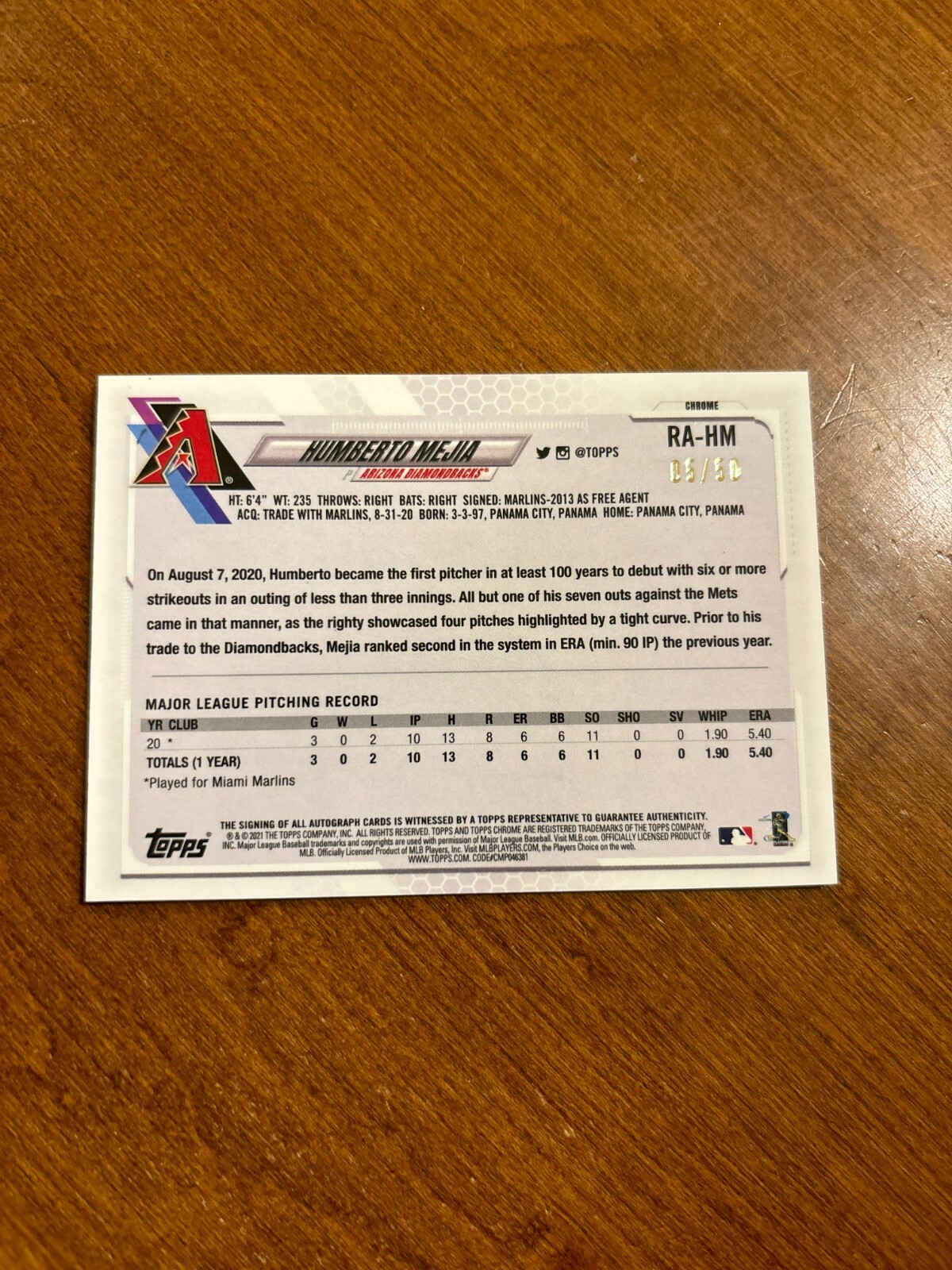Humberto Mejia 2021 Topps Chrome Gold Refractor Rookie Auto Diamondbacks /50 RC view 2