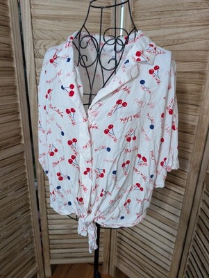 Popsugar Mon Cherie Camp Shirt XXL White Red Cherry Print Tie Front Retro 