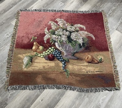 Lisa White Tapestry Throw Blanket Tuscan Vineyard Fruit Floral Woven Fringe