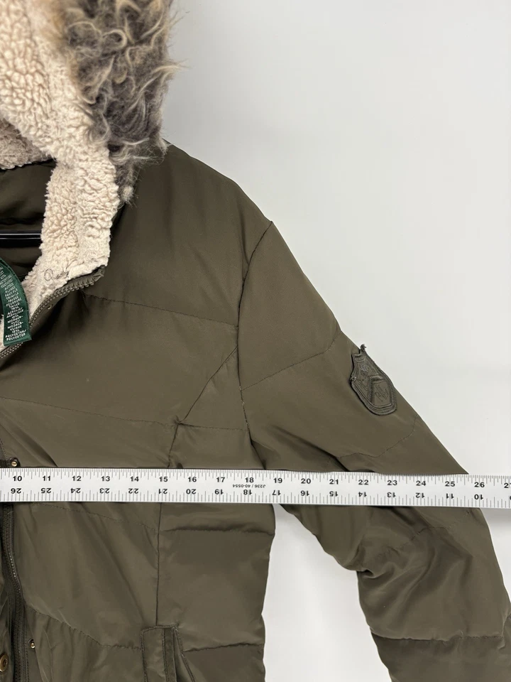Polo Ralph Lauren Green Goose Down Puffer Parka Jacket Sherpa Hood Fur Lined M - Image 3 of 4