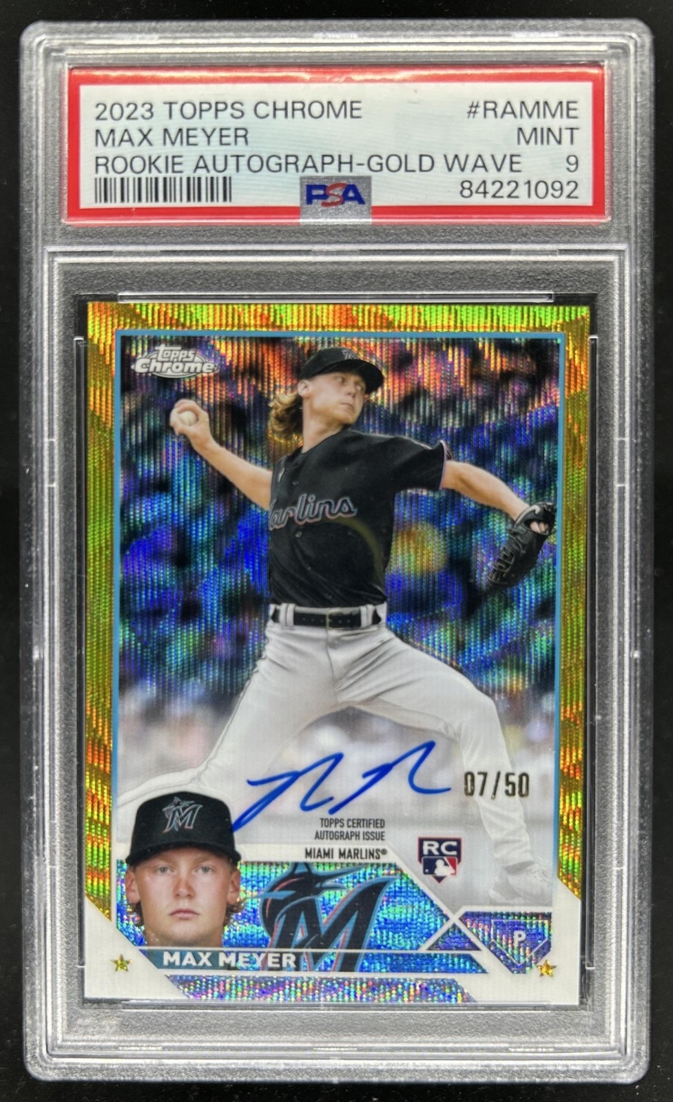 2023 Topps Chrome Max Meyer Rookie Auto RC Gold Wave Refractor #/50 PSA 9 view 1