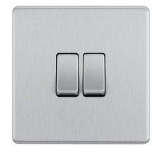 BG Screwless Flat Plate Brushed Steel, 20A 16AX Double Switch, 2 Way