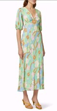 Rixo Midi Dress Sz XS Green Purple Tie Open Back Puff Sleeves Steph Crepe $420