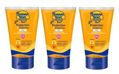 LOT OF 3 Banana Boat Protection & Vitamins Sunscreen Lotion 2oz SPF 50 exp 02/27