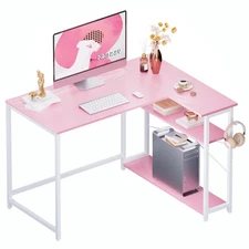 43 Inch L Shaped Computer Desk with Reversible Side Storage Shelves, Small Co...