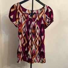 AB Studio Top - Women's S - Diamond Print - Purple, Orange, Beige Short Sleeve