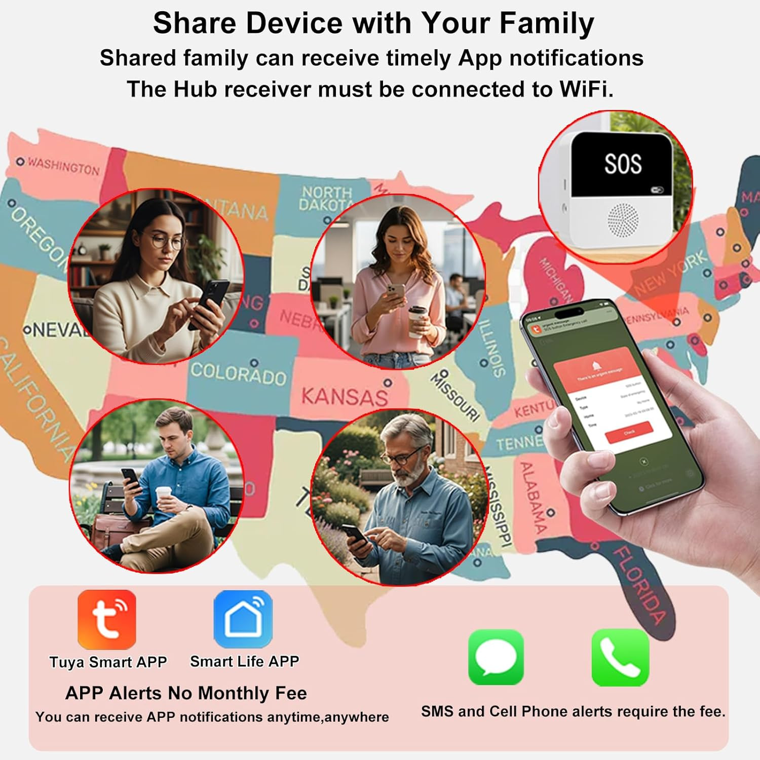 Wireless Caregiver Pager Life Alert System for Seniors No Monthly Fee, Wi-Fi APP