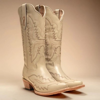 Women s AMELIA Western Boots Bone Snip Toe Genuine Full Grain Leather