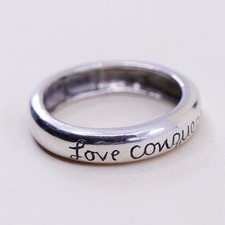 sz 7.75, vtg sterling silver handmade ring, 925 quote band  love conquers