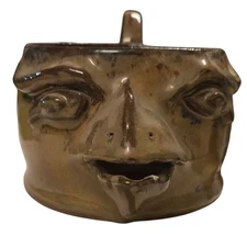 Owl Face Brown Pottery Mug handmade Signed Vintage Unique Art OOAK