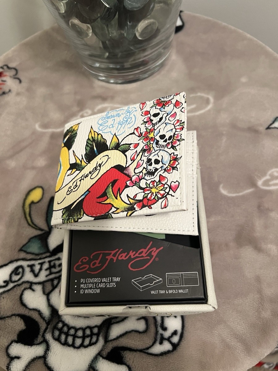 NWT Ed Hardy Men's Wallet - Valet Tray Box - Rose Piercing Heart
