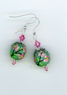 Cherry blossom lampwork glass/crystal artisan earrings Birdsongjewelry