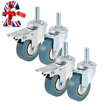 Set of 4 Castor Wheels Heavy Duty 75Mm with Brakes Stem Castors Rubber Swivel Ca