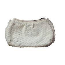 Jamin Puech Small Cream Leather Clutch Dot Pattern Crochet Trim