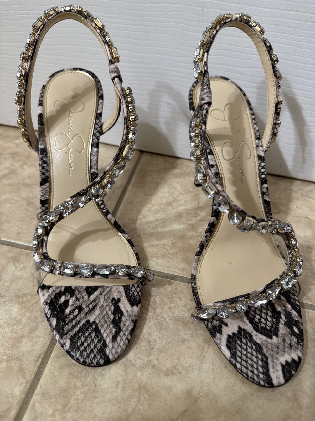 Jessica Simpson Jaycin Rhinestone Dress Strappy Stiletto Heels Gold Sz 8.5M NEW