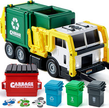 Large Friction Powered Garbage Truck Toy Set, Includes Dumpster, Trash Bins, and