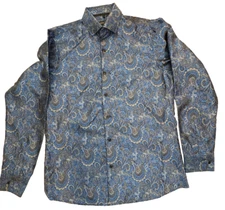 Barry Wang Damask Shirt Mens MEDIUM Blue Long Sleeve Blue Button Up Silk Blend