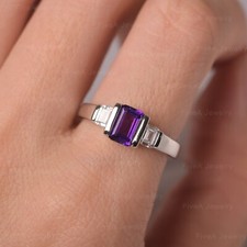 Amethyst Ring Emerald Cut Ring 925 Sterling Silver Ring Three Stone Ring for her