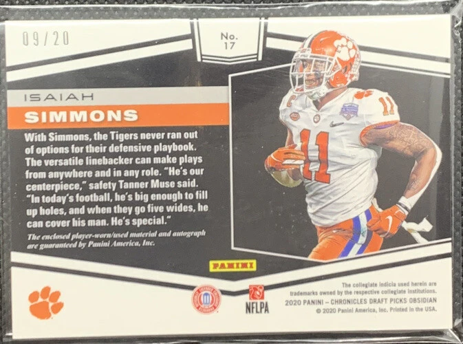 🔥2020 Obsidian Draft ISAIAH SIMMONS RPA Auto 9/20 Good Year Patch🔥 - Image 2 of 2