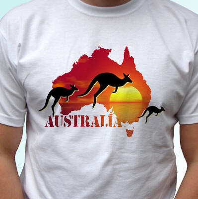 Australia white t shirt flag kangaroo tee top design map mens