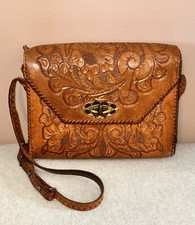 Vintage Hand Tooled Leather Purse Floral Design Turn Lock Closure Boho Look