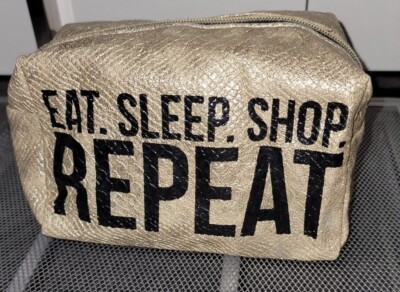 EAT SLEEP SHOP REPEAT TEXTURED GOLD COSMETIC MAKEUP ZIPPERED BAG
