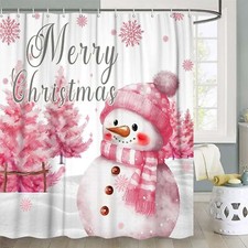Christmas Shower Curtain Cute Pink Snowman Christmas Tree Nature Forest Bathr...