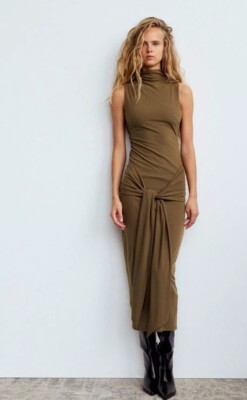 ZARA WOMAN MIDI DRESS WITH TIED KNOT DARK TAN | 3067/253/709 ZARA WOMAN MIDI DRESS WITH TIED KNOT DARK TAN | 3067/253/709