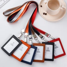 Leather ID Holders Case PU Business Badge Card Holder with Neck Strap Lanyard ✔