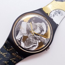 NOS 1991 Hipster Black and Gold Swiss Made Swatch Watch in Mint Condition 1990s