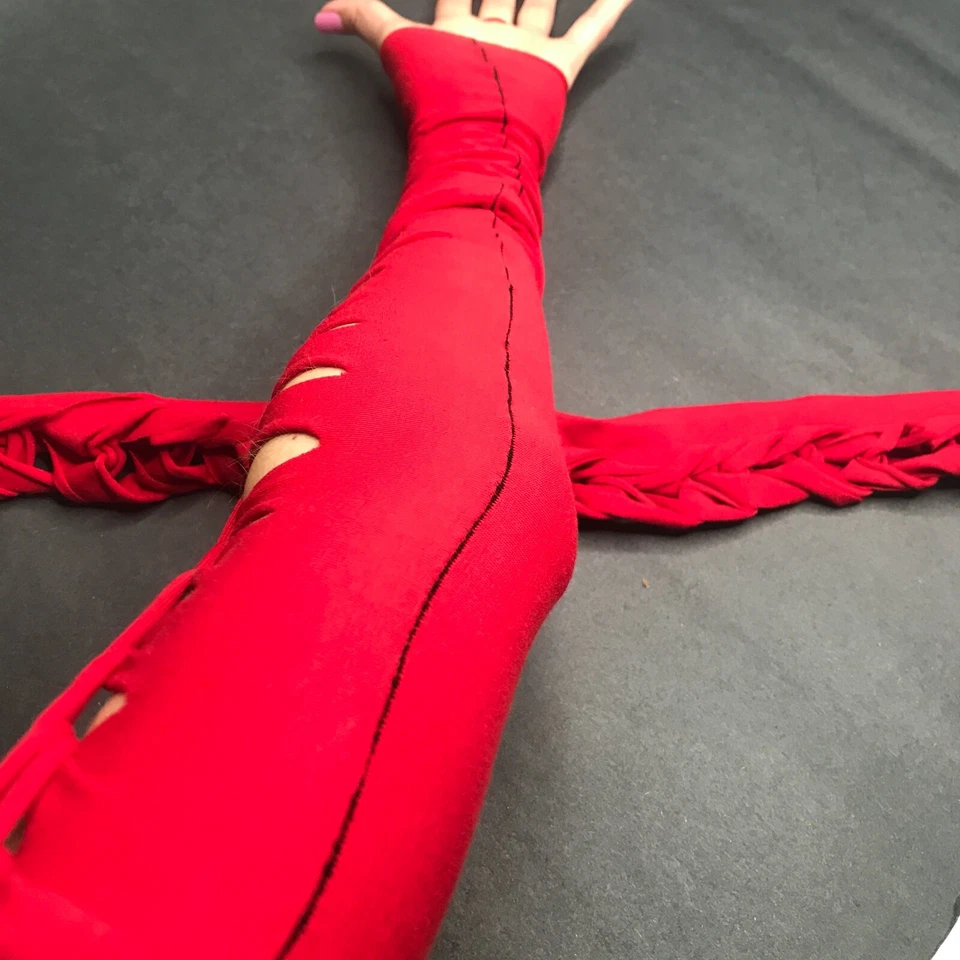 Corsé Rojo Largo Calentadores de Brazos Guantes con Cordones Cyber Goth Post Apocalipsis Cubiertas Psy Foto 4 de 4