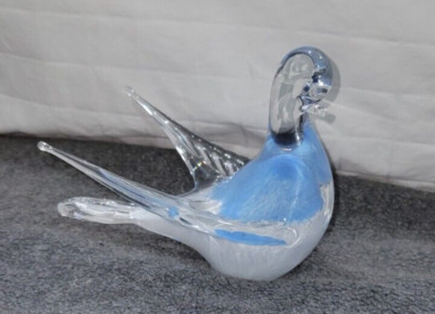 Granna Art Glass Sweden Blue White Sparrow Bird Hand Made Vintage Paperweight