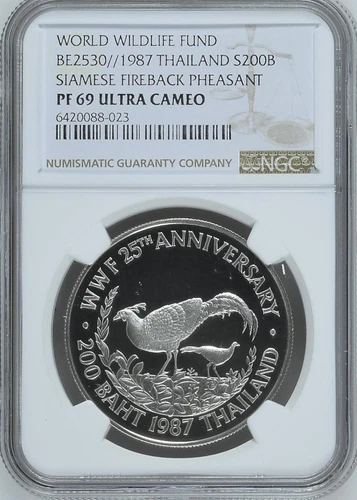 THAILAND 200 Baht  1987 Silver NGC PF69 UC WWF Siamese Fireback Pheasant