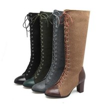 Women's Splicing Lace Up Knight Boots High Heel Leather Suede Vintage Shoes 2025