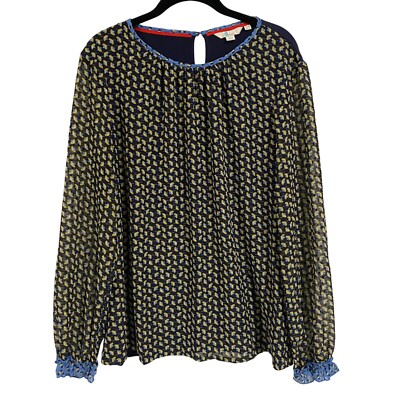 Boden Mixed Media Blue Floral Long Sleeve Blouse Size 14