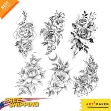 6 Piece Waterproof Black Rose Flower Temporary Tattoos for Elegant Body Art