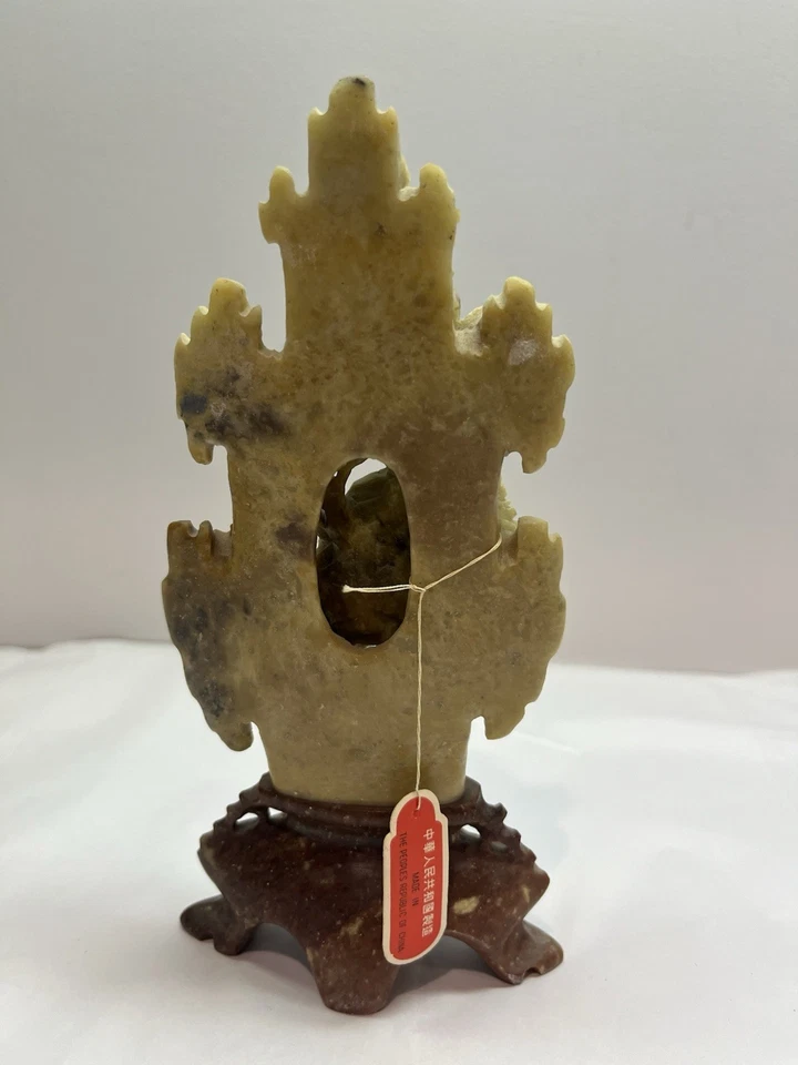 "Antigua escultura china de piedra de jabón 7"" tallada a mano flor pájaro pedestal"  Foto 2 de 4