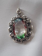 Anhänger echt Silber Vintage floral gefasster ovaler große Rheinkiesel