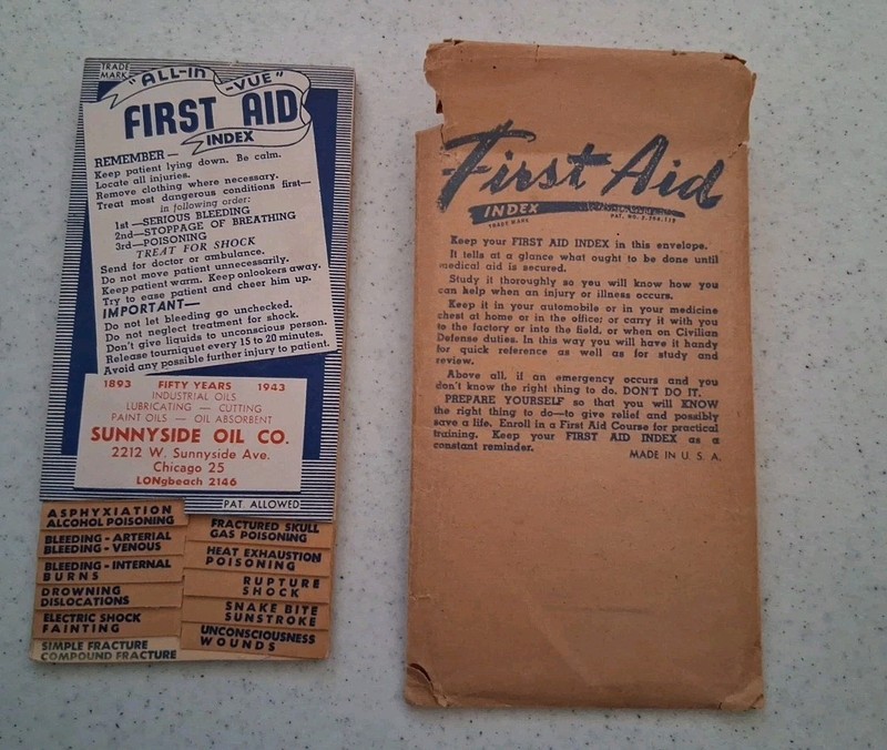 Vintage 1943 First Aid Index Fold-Out Card Advertising Sunnyside Oil Chicago USA