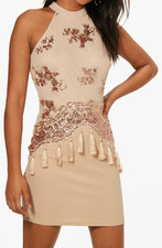 Boohoo Sequin Tassel Dress Boutique Bodycon Size 6 Uk BNWT RRP £38.99 Beige