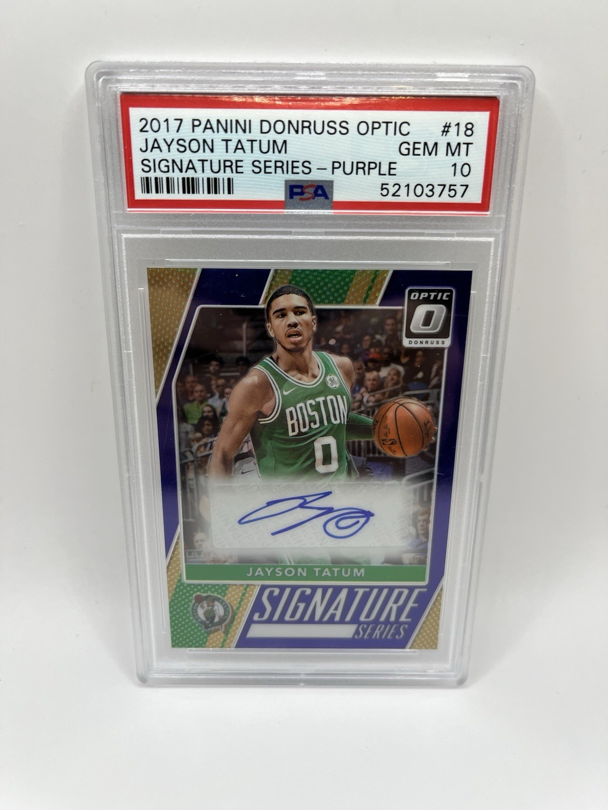 2017 DONRUSS OPTIC SIGNATURE SERIES PURPLE PRIZM #18 JAYSON TATUM RC PSA 10