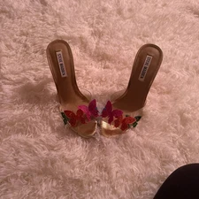 Steve Madden Gold Butterfly Heels | Clear Strap Rhinestone Mules | Women’s Siz